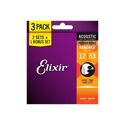 CORDES DE GUIT. AC. 12-53 LIGHT NANOWEB® EN PHOSHORE BRONZE (3PQT) ELIXIR®