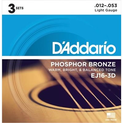 CORDE DE GUITARE ACOUSTIQUE 12-53 ENS. DE 3 PAQUET D'ADDARIO
