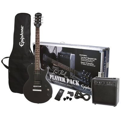 ENS. GUIT ELEC LES PAUL NOIR,AMPLI,GB,COURROIE,CÂBLE,PICK & TUNER EPIPHONE